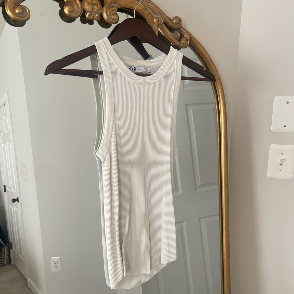 Zara White/Light Beige Ribbed Tank Top
